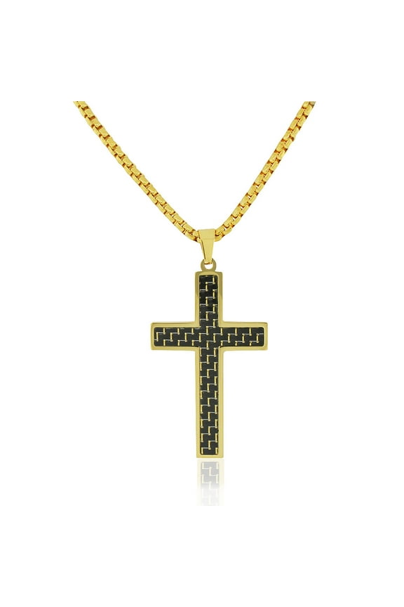 Stainless Steel Yellow Gold-Tone Simulated Black Carbon Fiber Statement Cross Necklace