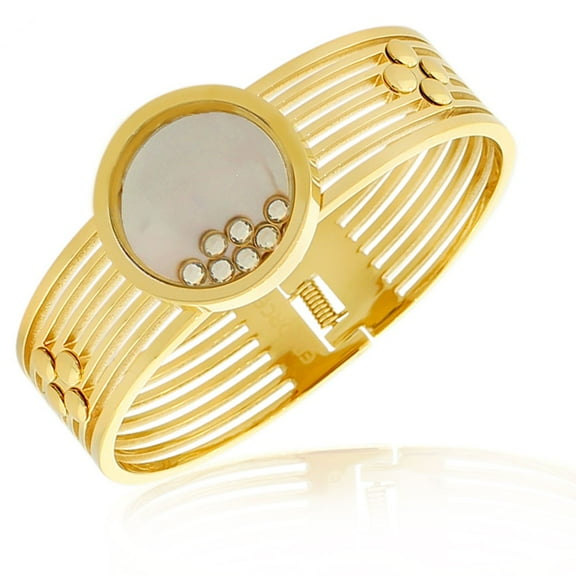 EDFORCE Stainless Steel Yellow Gold-Tone Simulated Mother-of-Pearl Floating CZ Bangle Bracelet