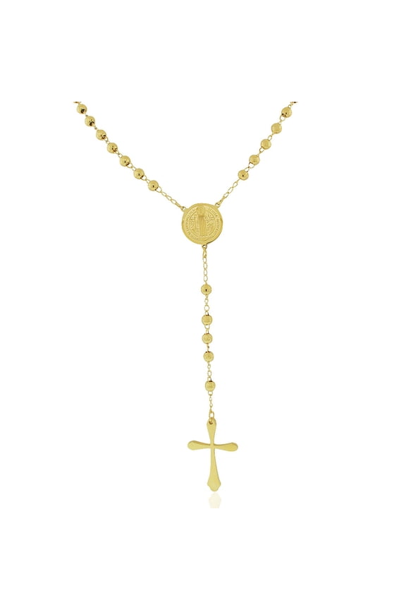 Stainless Steel Yellow Gold-Tone St. Benedict Religious Cross Rosary Beads Necklace, 22"