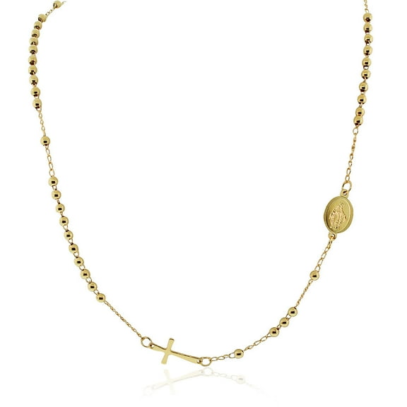 EDFORCE Stainless Steel Yellow Gold-Tone-Tone Religious Cross Jesus Medallion Beaded Necklace, 20"