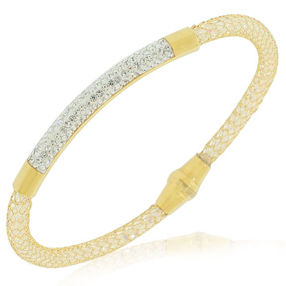 EDFORCE Stainless Steel Yellow Gold-Tone White Clear CZ Mesh Bracelet, 7.5"