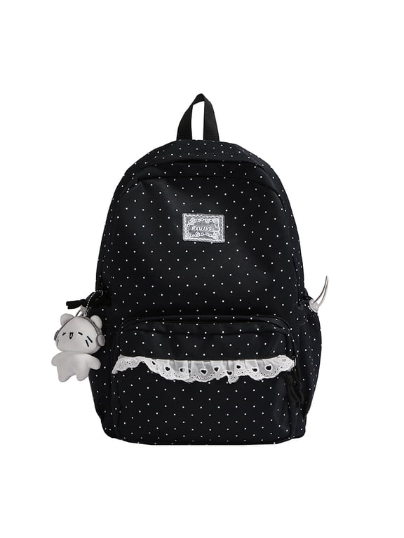 White Lace Polka Dot Backpack – Lightweight, Large Capacity, Multi-Pocket Travel Daypack (Black)