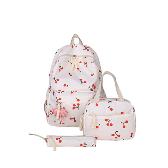 EDFRWWS Three-piece Cherry Backpack with Lunch Bag & Nylon Backpack (White)