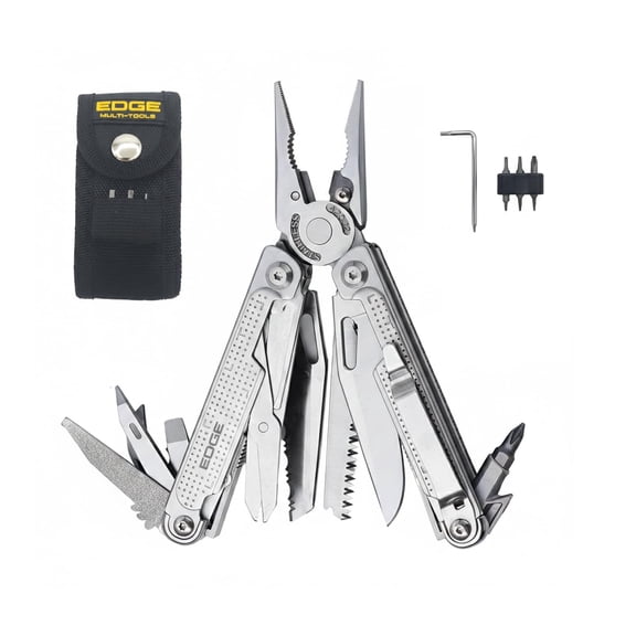 EDGE Multi-Tool Pliers, 14-in-1 Stainless Steel Multitool with Knife, Saw, Scissors, Wire Cutter & Screwdriver Bits, Compact Folding Pocket Tool for Camping - Silver
