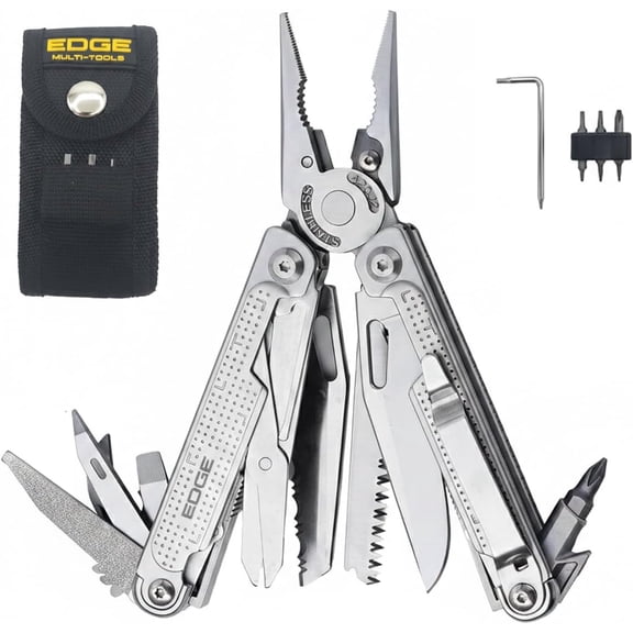 EDGE Multi-Tool Pliers, 14-in-1 Stainless Steel Multitool with Knife, Saw, Scissors, Wire Cutter & Screwdriver Bits, Compact Folding Pocket Tool for Camping, Survival, Fishing & Car Emergency (Silver