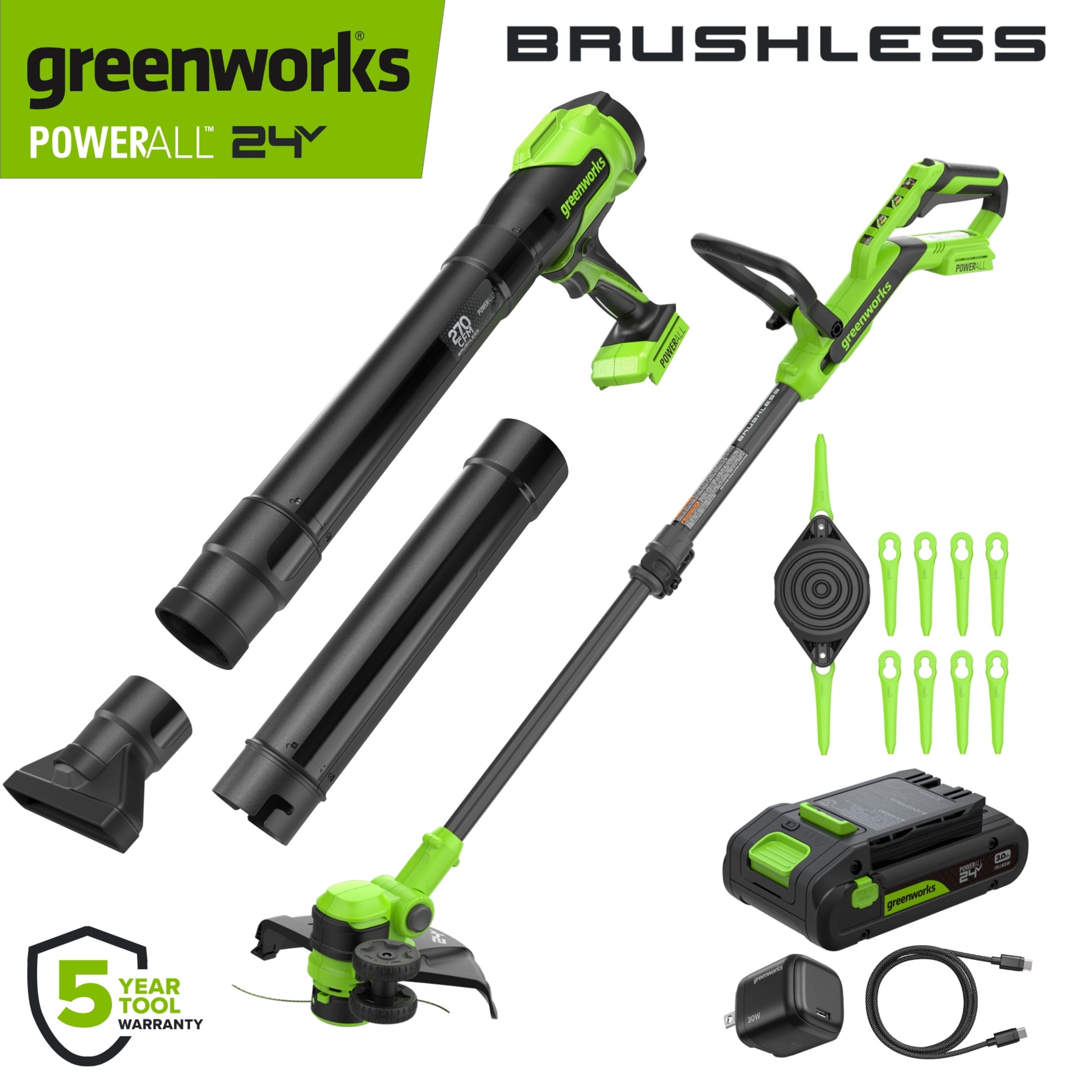 Greenworks PowerAll 24V 12" String Trimmer and 270CFM Handheld Blower Combo Kit, with (1) 3.0 Ah USB-C Batteries, 30W Ch