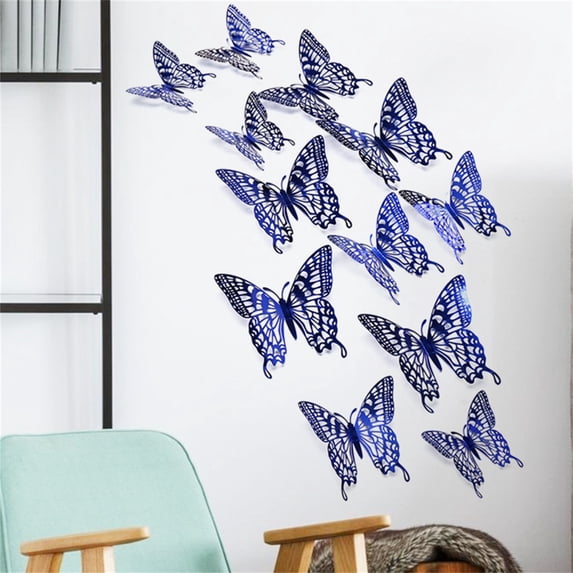 EDHITNR 12PCS Metal Texture Hollow Wall Sticker, Removable Reusable Butterfly Wall Decals for Room Decor, Peel Stick Wall Art for Bedroom Nursery Wedding Background Home Decoration, Blue