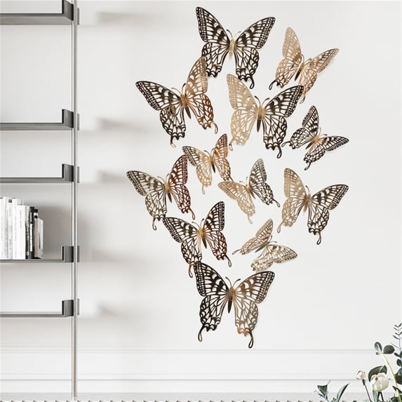 EDHITNR 12PCS Metal Texture Hollow Wall Sticker, Removable Reusable Butterfly Wall Decals for Room Decor, Peel Stick Wall Art for Bedroom Nursery Wedding Background Home Decoration, Khaki