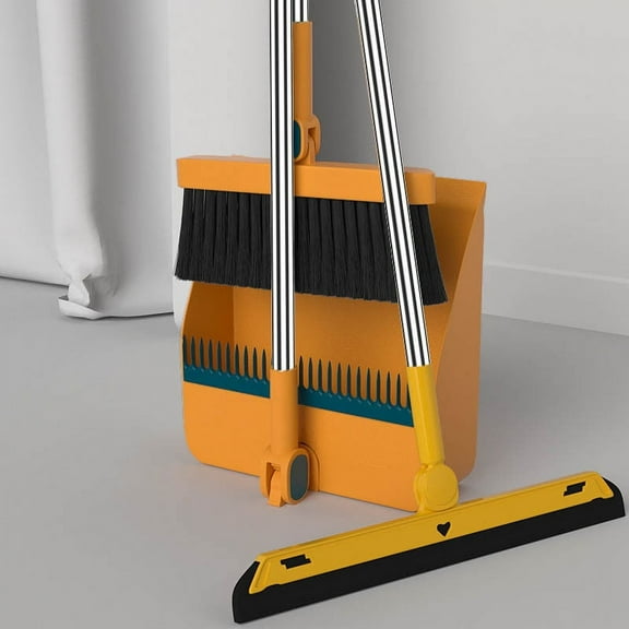 EDHITNR 180° Adjustable Angle Dustpan Broom Set, Long Handle Foldable Broom with Comb Teeth, Heavy Duty Commercial Indoor Outdoor Cleaning Kit for Hair Pet Litter Hard Floors, Orange