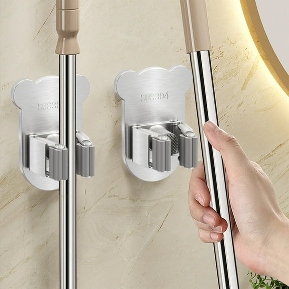 EDHITNR 304 Stainless Steel Mop Holder, Strong Grip No Drill Mop Storage Stand for Bathroom, Removable Adhesive Wall Mount Mop Organizer for Cleaning Tools