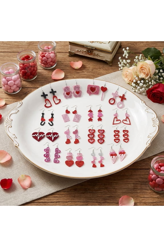 32 Pcs Valentines Day Earrings Set, 16 Pairs Romantic Dangle Earrings for Women, Cute Heart Teddy Bear Envelope Studs Holiday Jewelry Gifts