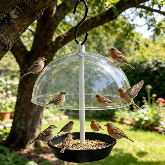 EDHITNR Adjustable Hanging Bird Feeder Clear Rain Proof Dome Large Capacity Tray, Squirrel Proof Spinning Top for Outdoors Garden Backyard