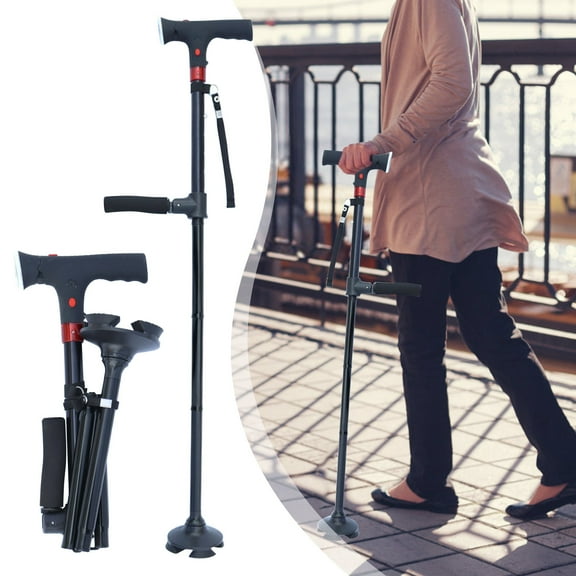 EDHITNR Aluminum Alloy Walking Cane with Alarm, Retractable Foldable Four Legged Cane with LED Light, Self Standing Elderly Mobility Aid with Ergonomic Handle for Travel Support