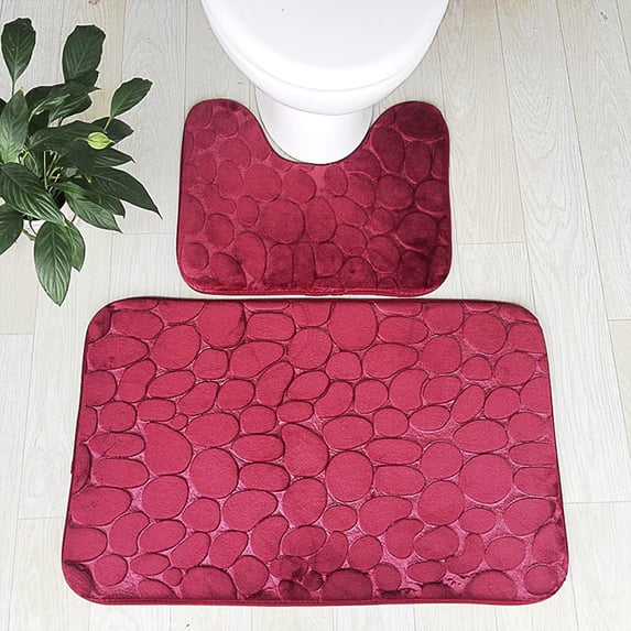 EDHITNR Bathroom Rugs Sets 2 Piece, U Shaped Toilet Mat Bath Mat Set, Enlarged Thickened Non Slip PVC Backing Microfiber Shag Rug for Bathroom Floor Decoration, Wine