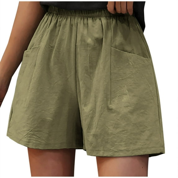 XWSHYW Biker Shorts Women,Casual Cotton Linen Shorts Elastic Waist Loose Wide Leg Pants High Waist Straight Pants, Sizes S-2XL