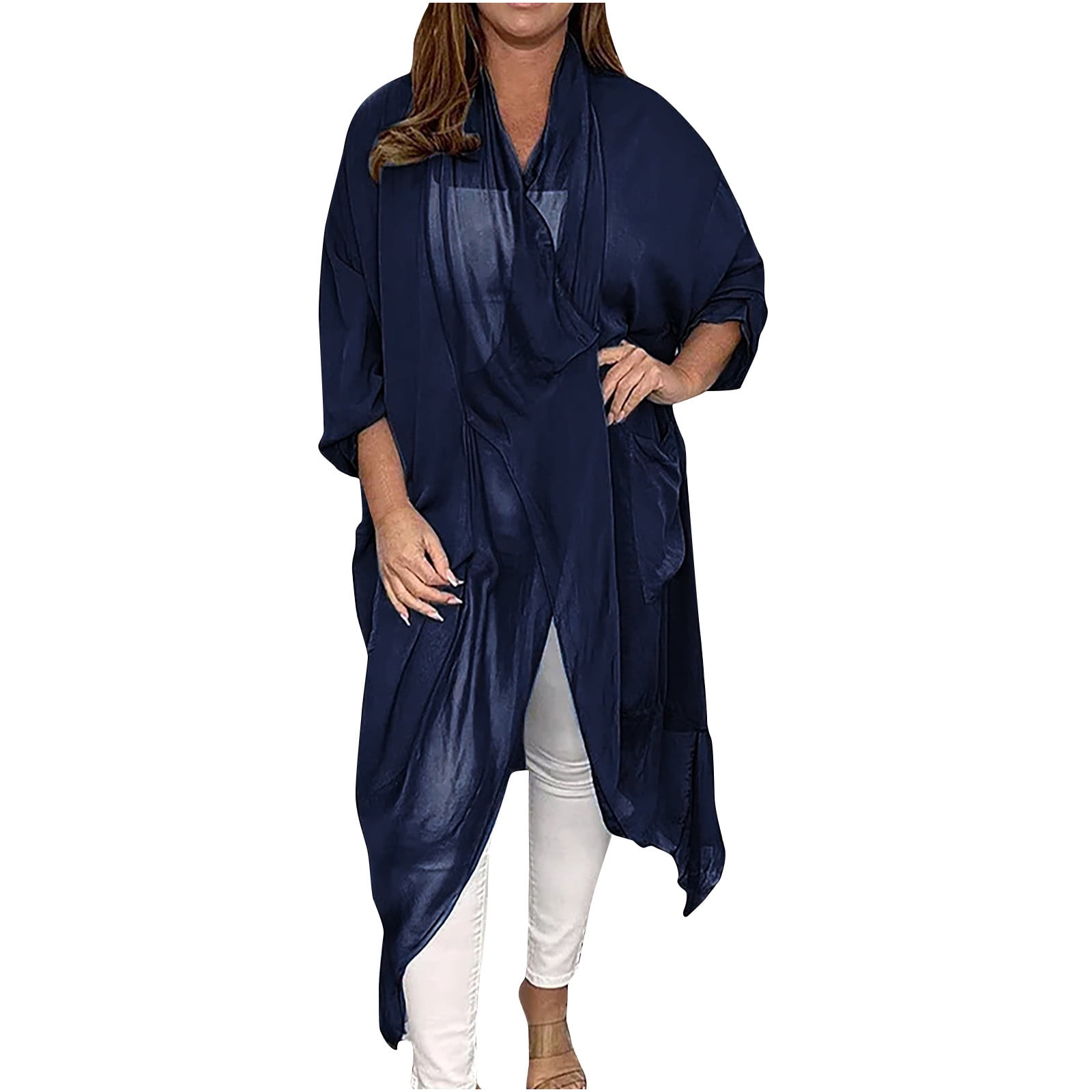 EDHITNR Cardigan for Women Long Loose Breathable Cardigan Solid Color  Chiffon Cardigan Coat Dark Blue 2XL # Flash Sales Today Deals Prime 