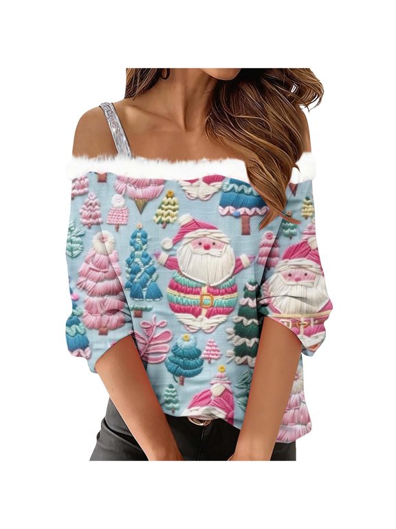 Christmas Tops for Women Cute Holiday Graphic Tee Off Shoulder Cold Shoulder Sleeve Embroidery Fluffy Trim Loose Party Casual Fuzzy Collar T-Shirt Blue M