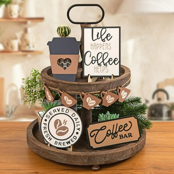 EDHITNR Coffee Series Layered Tray, Wooden Desktop Decor Set with Coffee Theme, Decorative Tray for Home Office Cafe Decor, Coffee Bean Cup Pot Ornament