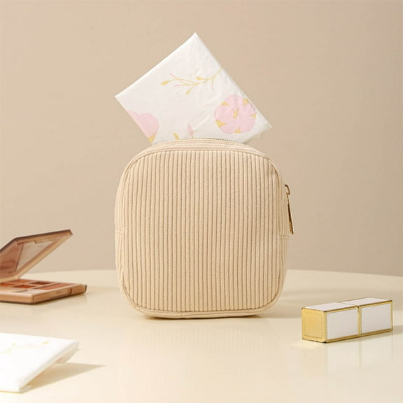 EDHITNR Corduroy Sanitary Napkin Storage Bag, Portable Makeup Organizer Small Item Pouch, Discreet Travel Toiletry Bag for Purse Backpack Tampon Case, Beige