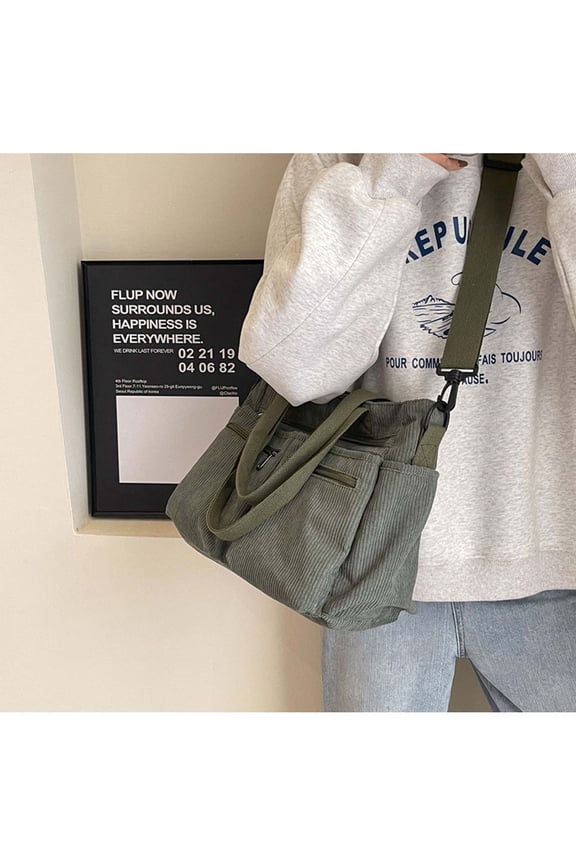 Corduroy Tote Bag for Women, Large Capacity Multi Compartment Shoulder Bag, Japanese Korean Style Commuter Work Travel Beach Bag, Green