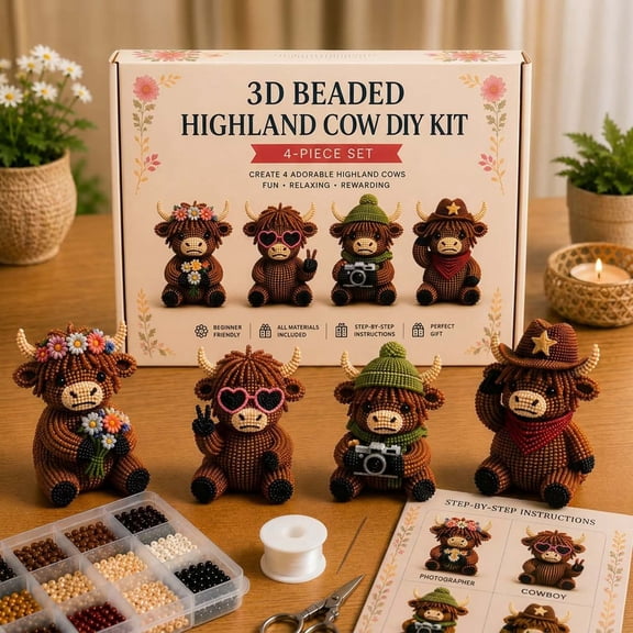 EDHITNR Cow DIY Bead Kit, 4 Adorable Handmade Cow Designs Set with Complete Supplies, Beginner Friendly Step by Step Guide for Stress Relief Creative Beading Craft for Home Decor