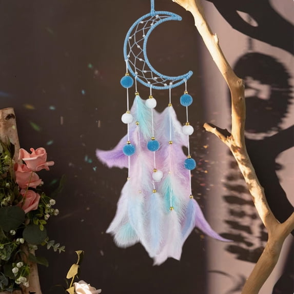 EDHITNR Crescent Dreamcatcher Handmade Wall Decoration Colorful Dream Catcher with Feathers for Bedroom Living Room, Boho Chic Moon Shaped Dreamcatcher Crafts for Home Party, Blue