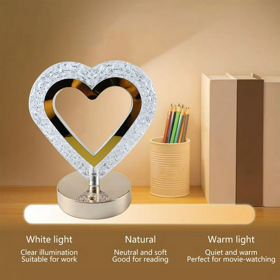 EDHITNR Crystal LED Table Lamp, Modern Heart Desk Lamp with Dimmable Light, Bedside Night Reading Lamp for Kids Room Decor, Rechargeable Nursery Infant Protection Lightweight Desk Decor