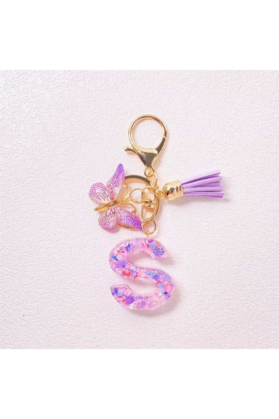 Custom Initial Letter Keychain for Women, Personalized Resin Name Keychain with Tassel, Cute Purple Car Keyring for Wallet Backpack Bag Gift