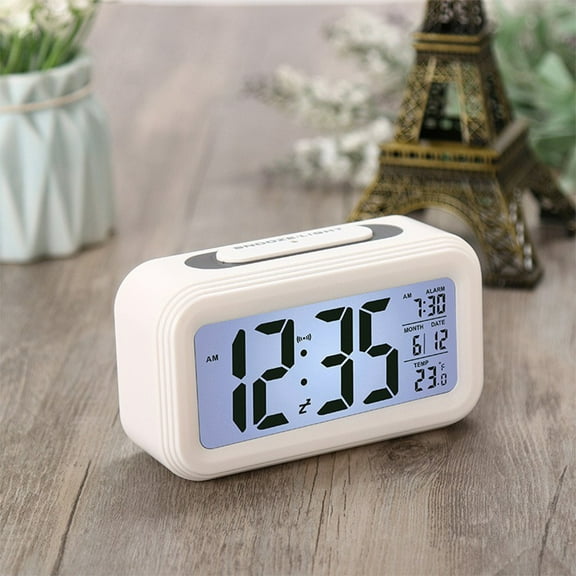 EDHITNR Digital Alarm Clock, Multifunctional LCD Display Clock with Temperature Monitor, Smart Bedside Clock with Snooze, Calendar Backlight for Home Office, White