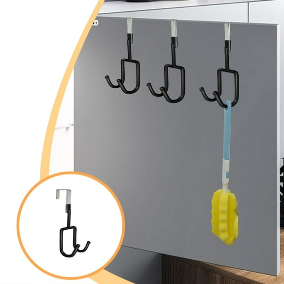 EDHITNR No Drill Door Hook, Sturdy Iron Double Hooks for Kitchen Bathroom Bedroom, Multifunctional Wall Storage Organizer for Towels Aprons Bags, Black
