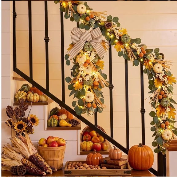 EDHITNR Fall Pumpkin Berry Teardrop Wreath, Handcrafted Maple Leaf Striped Bow Door Hanging with Mini Pumpkins, Thanksgiving Front Door Decor for Home Wall Entryway Fireplace Window