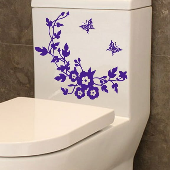 EDHITNR Floral Toilet Seat Sticker, Removable Bathroom Wall Decal Decor Mural, Waterproof PVC Vinyl Art for Home Kitchen Window Glass Door, Purple