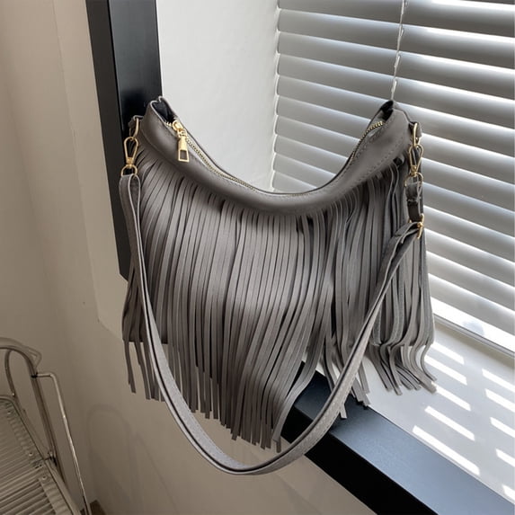 EDHITNR Fringed Shoulder Bag Casual Tote for Women Spandex Crossbody Purse with Tassel Detail, Lightweight Fashion Handbag for Daily Use 11.81x11.22x9.84 Inch, Gray
