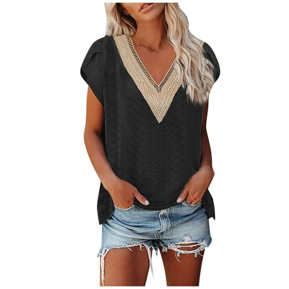 EDHITNR Going out Tops for Women Women Summer V-Neck Short Sleeve Tops Solid Casual T-Shirt Blouse, Sizes S-2XL