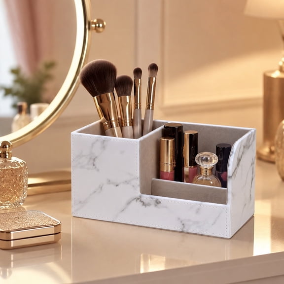 EDHITNR Granite Print Polyurethane Leather Desk Organizer Multi Compartment Pen Container for Office Supplies, Compact Storage Box for Pens Markers Adhesive Notes Home Workspace Dorm