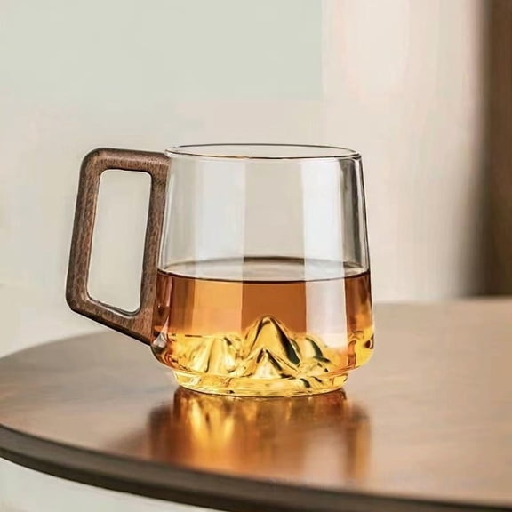EDHITNR High Borosilicate Glass Tea Cup with Walnut Wood Handle, Heat Resistant Office Drinking Cup 150C Heatproof Transparent Glassware