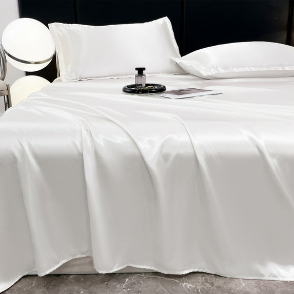 EDHITNR Ice Silk Bed Sheet Set, 3-Piece Cooling Bedding Set, Luxury Soft Ice Silk Sheets Pillowcases for All Seasons Machine Washable, White