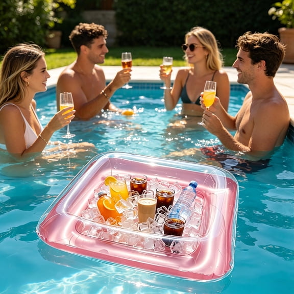 EDHITNR Inflatable Pool Ice Bar with Cup Holders, Thickened PVC Floating Beverage Tray for Summer, Outdoor Water Party Cooler for Drinks Beer Wine at Pool Beach, Pink