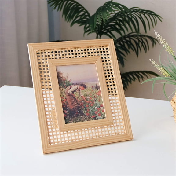 EDHITNR Khaki Rattan Rectangular Photo Album Frame, Wall Hanging Picture Frame with Wood Material, Desktop Decoration for Home Living Room Bedroom Display