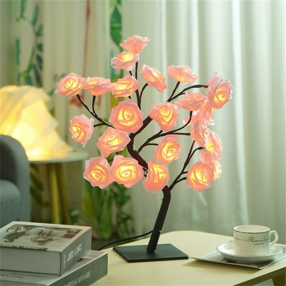 EDHITNR LED Rose Bouquet Tree Table Lamp USB Battery Powered Night Light with Bendable Branches, Romantic Wedding Home Party Decor Gift Energy Saving Fairy Lights for Bedroom Living Room, Pink