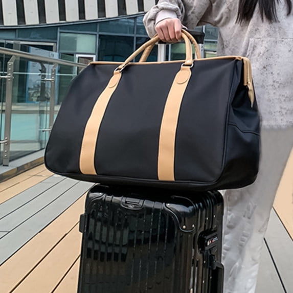 EDHITNR Large Foldable Travel Duffle Bag with Shoe Compartment, 55L Expandable Carry On Gym Bag for Camping Weekend, Water Resistant Tear Resistant Luggage with Trolley Sleeve, Brown
