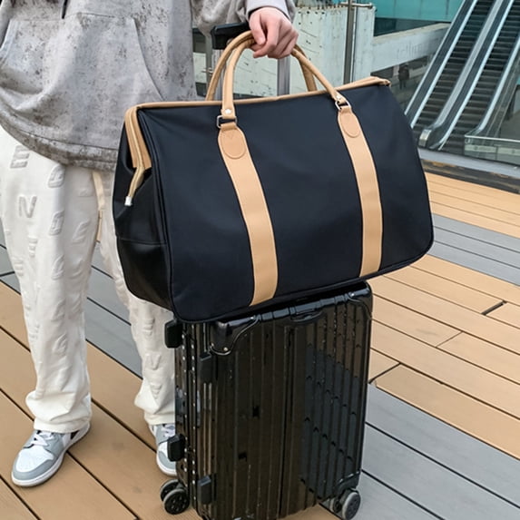 EDHITNR Large Foldable Travel Duffle Bag with Shoe Compartment, 55L Expandable Carry On Gym Bag for Camping Weekend, Water Resistant Tear Resistant Luggage with Trolley Sleeve, Black