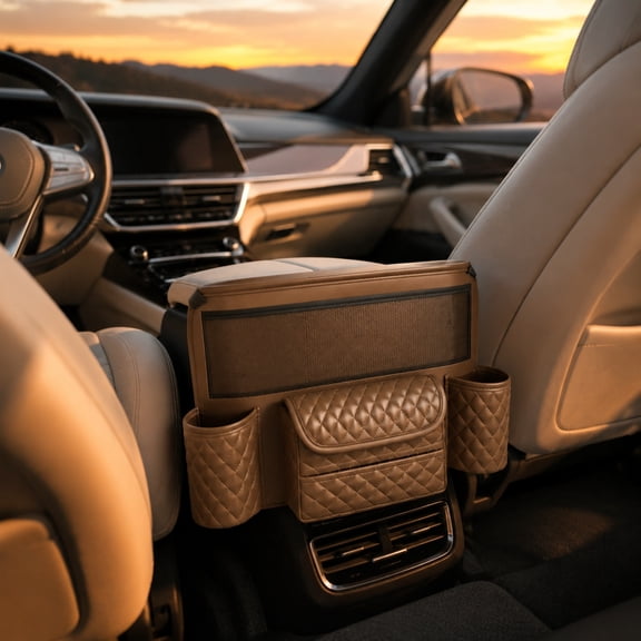EDHITNR Leather Car Seat Organizer Between Seats, Multifunctional Backseat Storage Bag with Cup Holders Tissue Mesh Pocket, Auto Seat Back Hanging Bag for SUV Truck Clutter Free, Brown