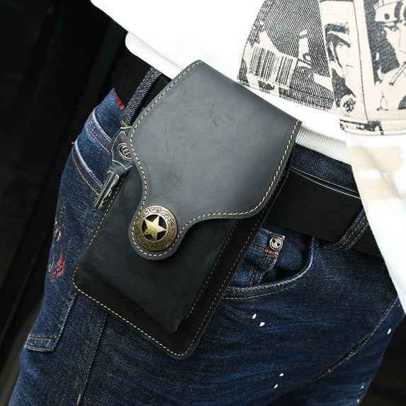 EDHITNR Leather Phone Holster for Men, Belt Loop Cell Phone Pouch with Key Hook, Durable Cowhide Waist Bag for Hiking Camping Running Outdoor Sports, Black