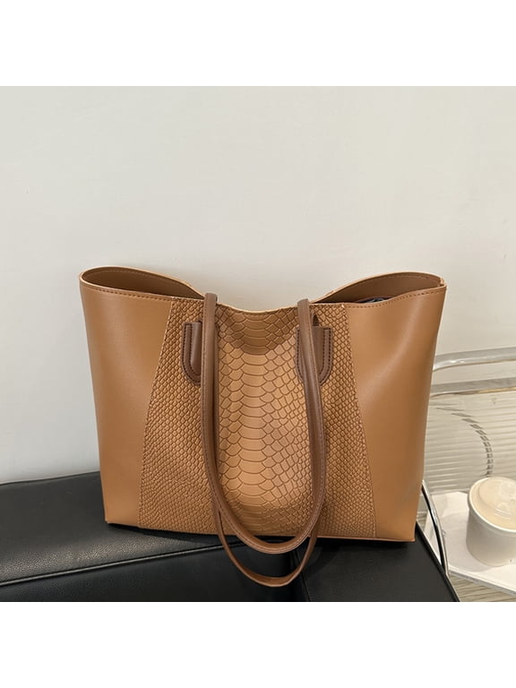 Leather Tote Bag Versatile Shoulder Handbag with Zippered Pocket Large Tote for Fall Winter Daily Use, Sturdy Soft Leather Tote Purse for Work Travel, Brown