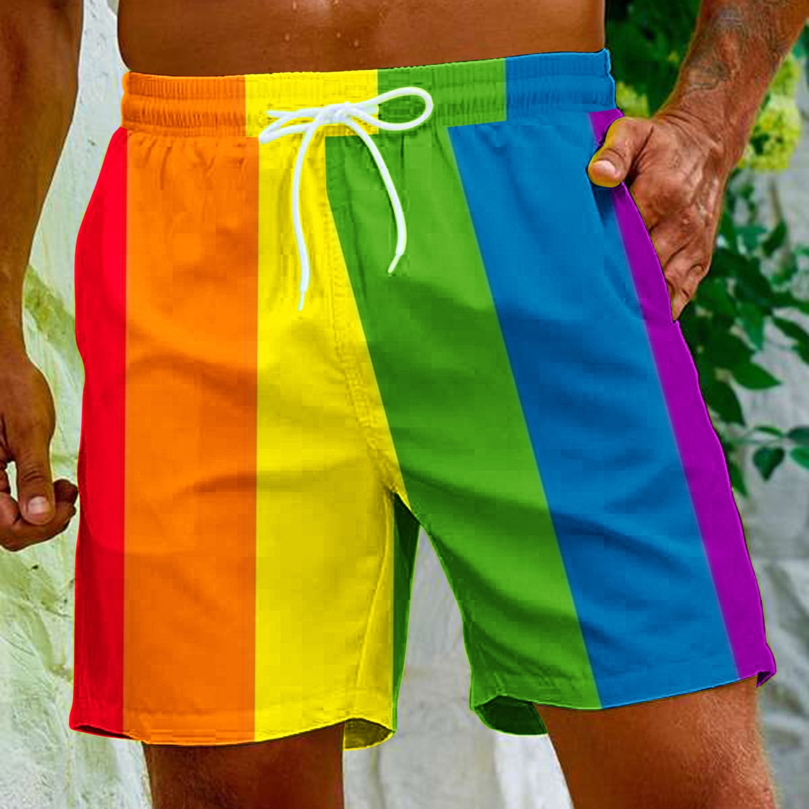 EDHITNR Mens Shorts Summer Fashion Rainbow Pattern Drawstring Shorts ...