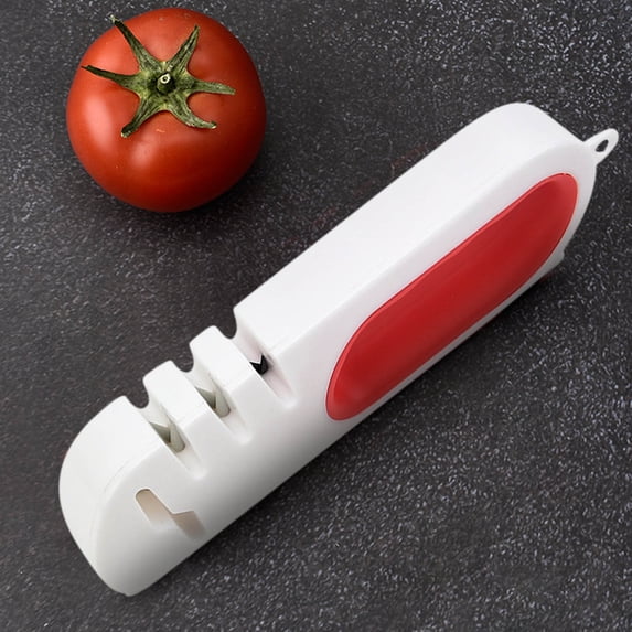 EDHITNR Mini Knife Sharpener, Portable Four-in-One Fast Sharpener for Kitchen Knives, Household Cutter Sharpener with Non-Slip Base, Easy Grip Handle for Daily Use, Red
