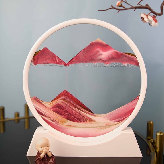 EDHITNR Moving Sand Art Picture, 7 Inch Round Glass Hourglass with Natural Flowing Sand, Non-Repetitive Liquid Motion Decor for Living Room Bedroom Office Desk, Pink