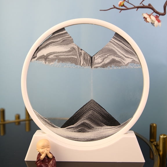 EDHITNR Moving Sand Art Picture, 7 Inch Round Glass Hourglass with Natural Flowing Sand, Non-Repetitive Liquid Motion Decor for Living Room Bedroom Office Desk, Black