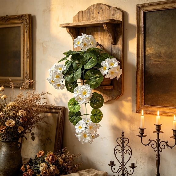 EDHITNR Orange Artificial Geranium Hanging with Pot, Realistic Fake Flowers for Home Decor, Plastic Waterproof Sun Resistant Faux for Balcony Window Sill Courtyard 16.54 Inches, White